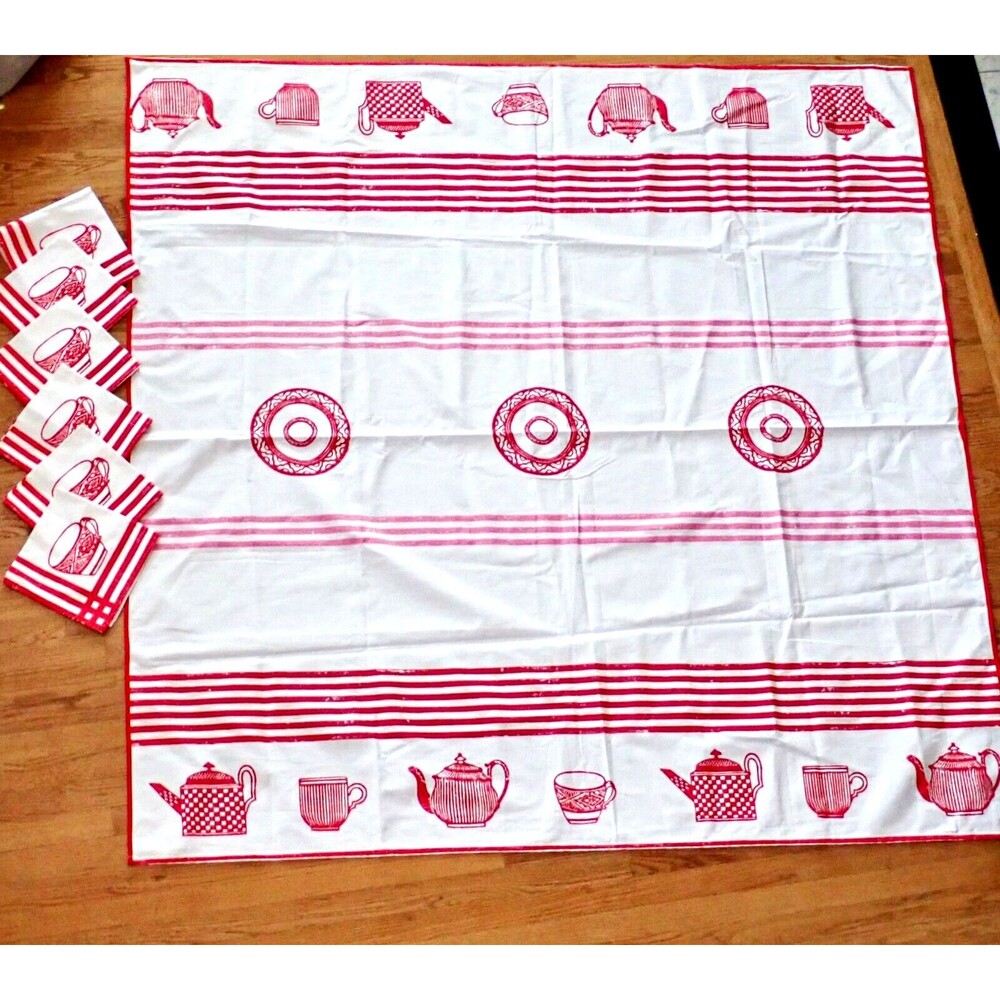 Designers Guild Tea Time Picnic Tablecloth 6 Tea Cup Napkins Made in the UK RARE